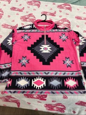 SHEIN Pink Aztec Print Pullover Zip Sweatshirt